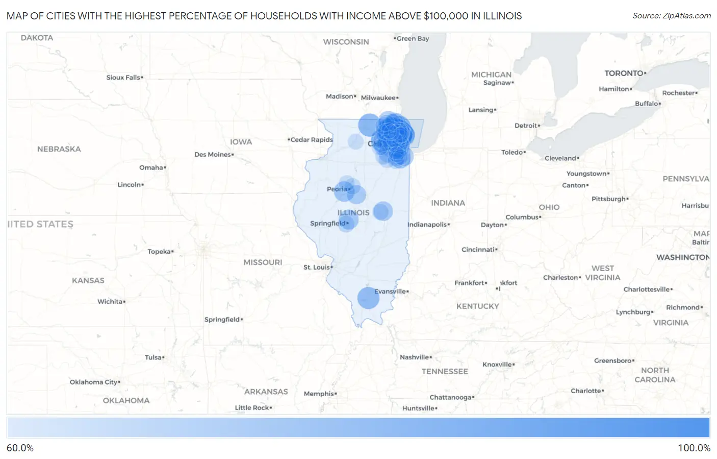 Cities with the Highest Percentage of Households with Income Above $100,000 in Illinois Map