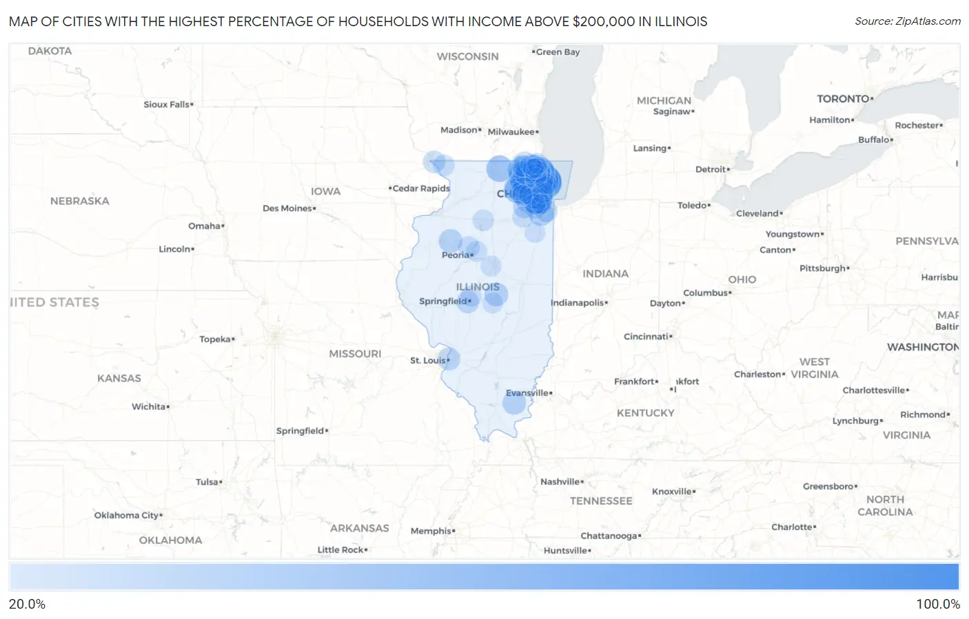 Cities with the Highest Percentage of Households with Income Above $200,000 in Illinois Map