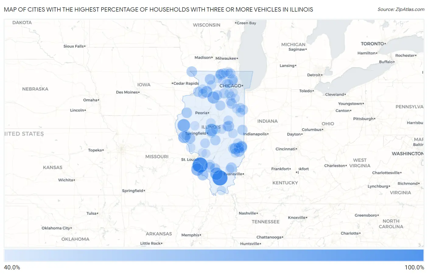 Cities with the Highest Percentage of Households With Three or more Vehicles in Illinois Map