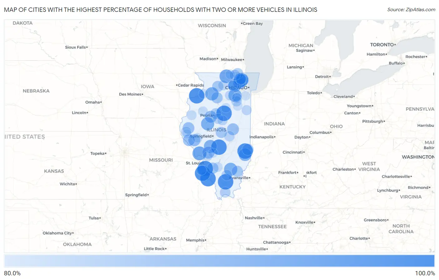 Cities with the Highest Percentage of Households With Two or more Vehicles in Illinois Map