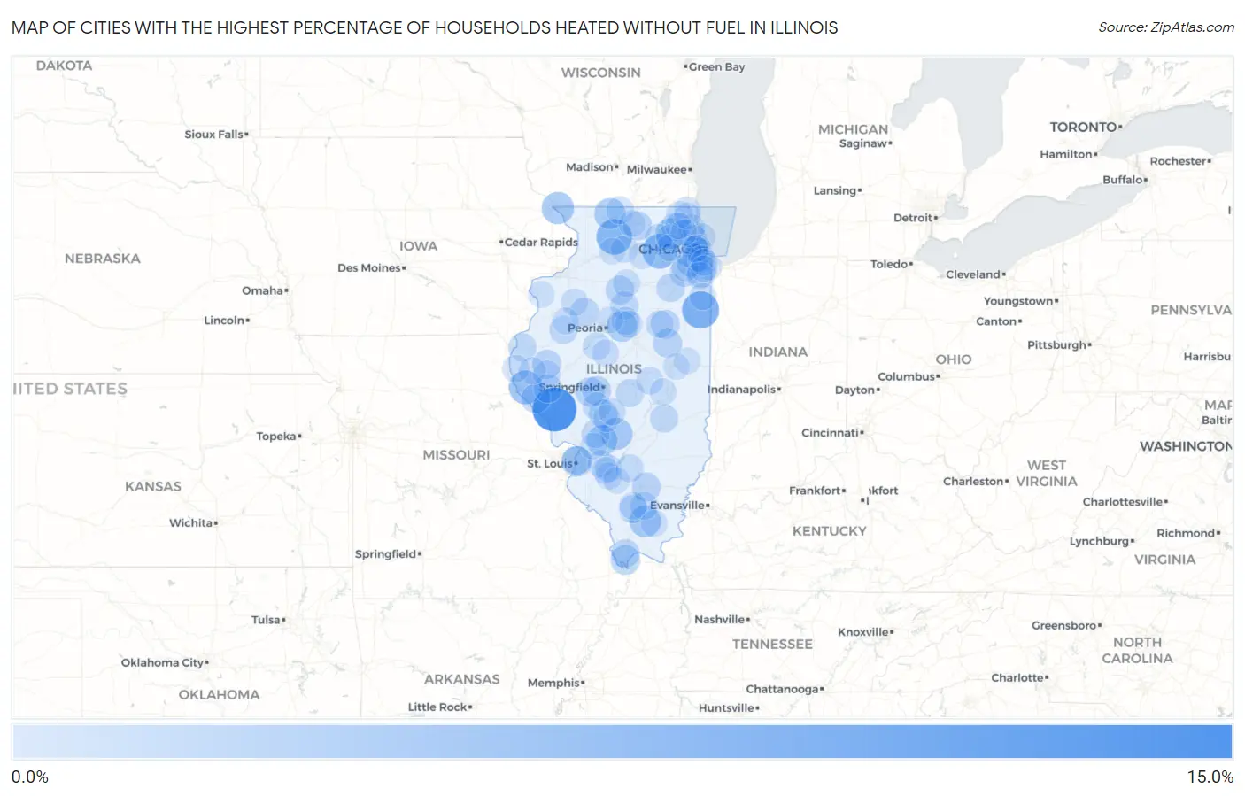 Cities with the Highest Percentage of Households Heated without Fuel in Illinois Map