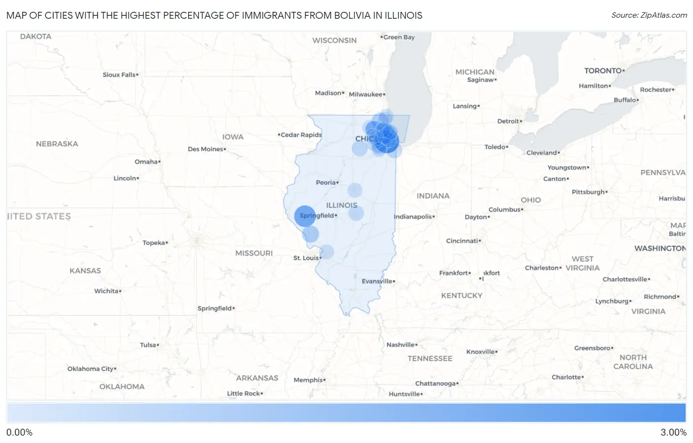 Cities with the Highest Percentage of Immigrants from Bolivia in Illinois Map