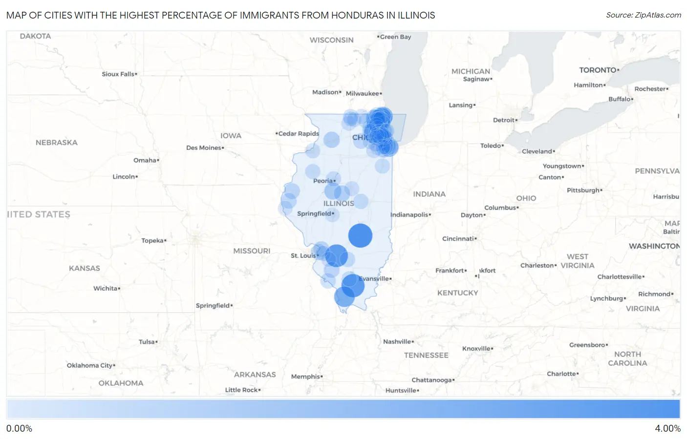 Cities with the Highest Percentage of Immigrants from Honduras in Illinois Map