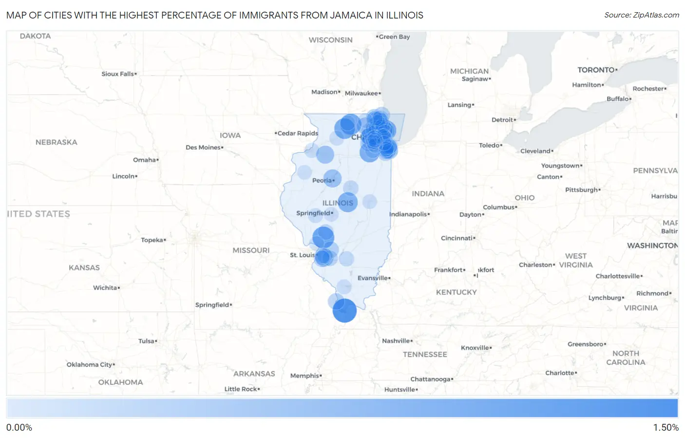 Cities with the Highest Percentage of Immigrants from Jamaica in Illinois Map