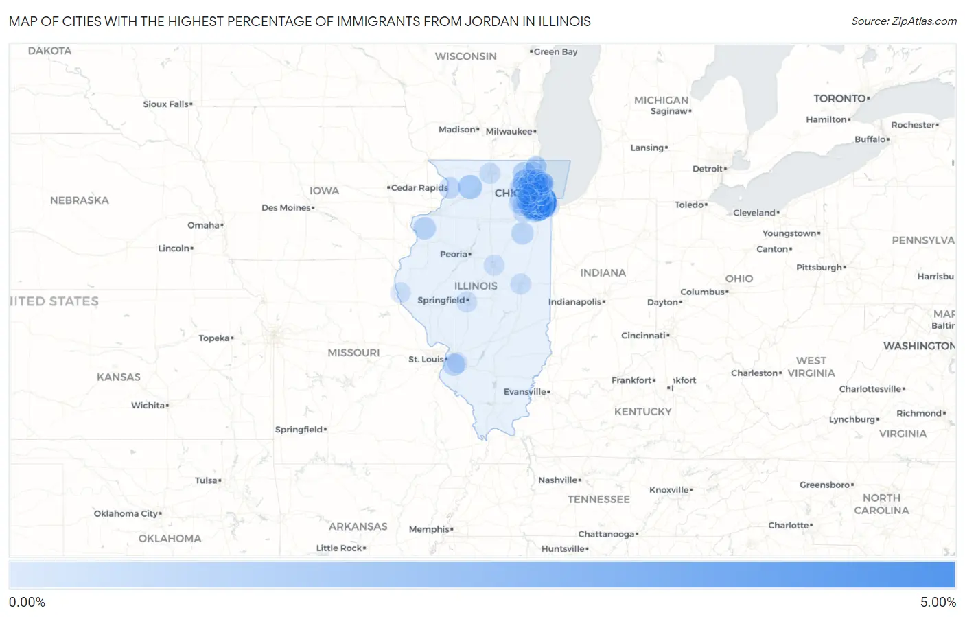 Cities with the Highest Percentage of Immigrants from Jordan in Illinois Map