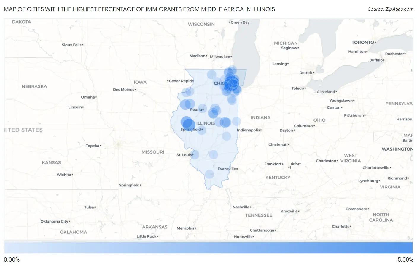 Cities with the Highest Percentage of Immigrants from Middle Africa in Illinois Map