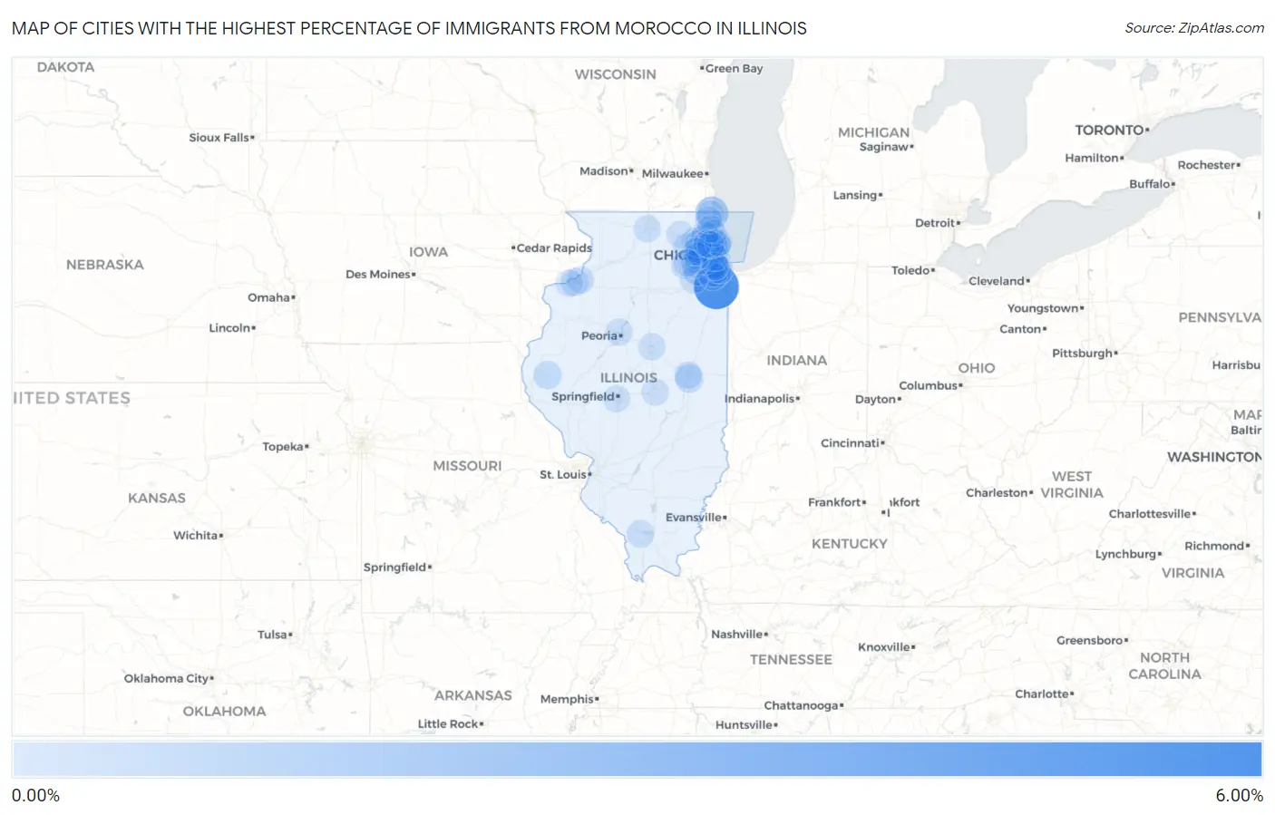 Cities with the Highest Percentage of Immigrants from Morocco in Illinois Map