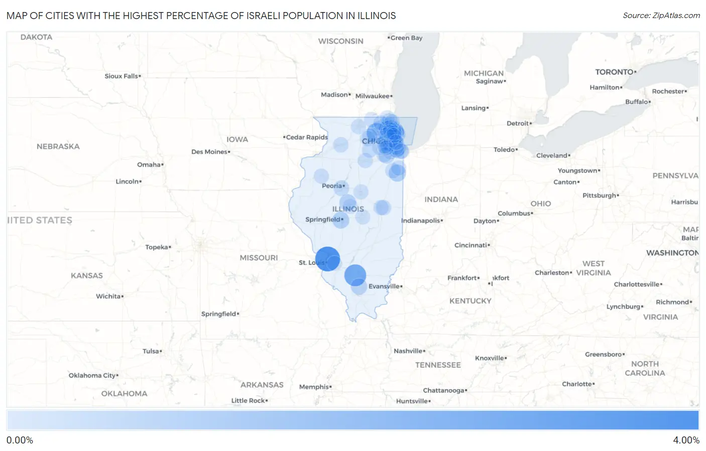 Cities with the Highest Percentage of Israeli Population in Illinois Map
