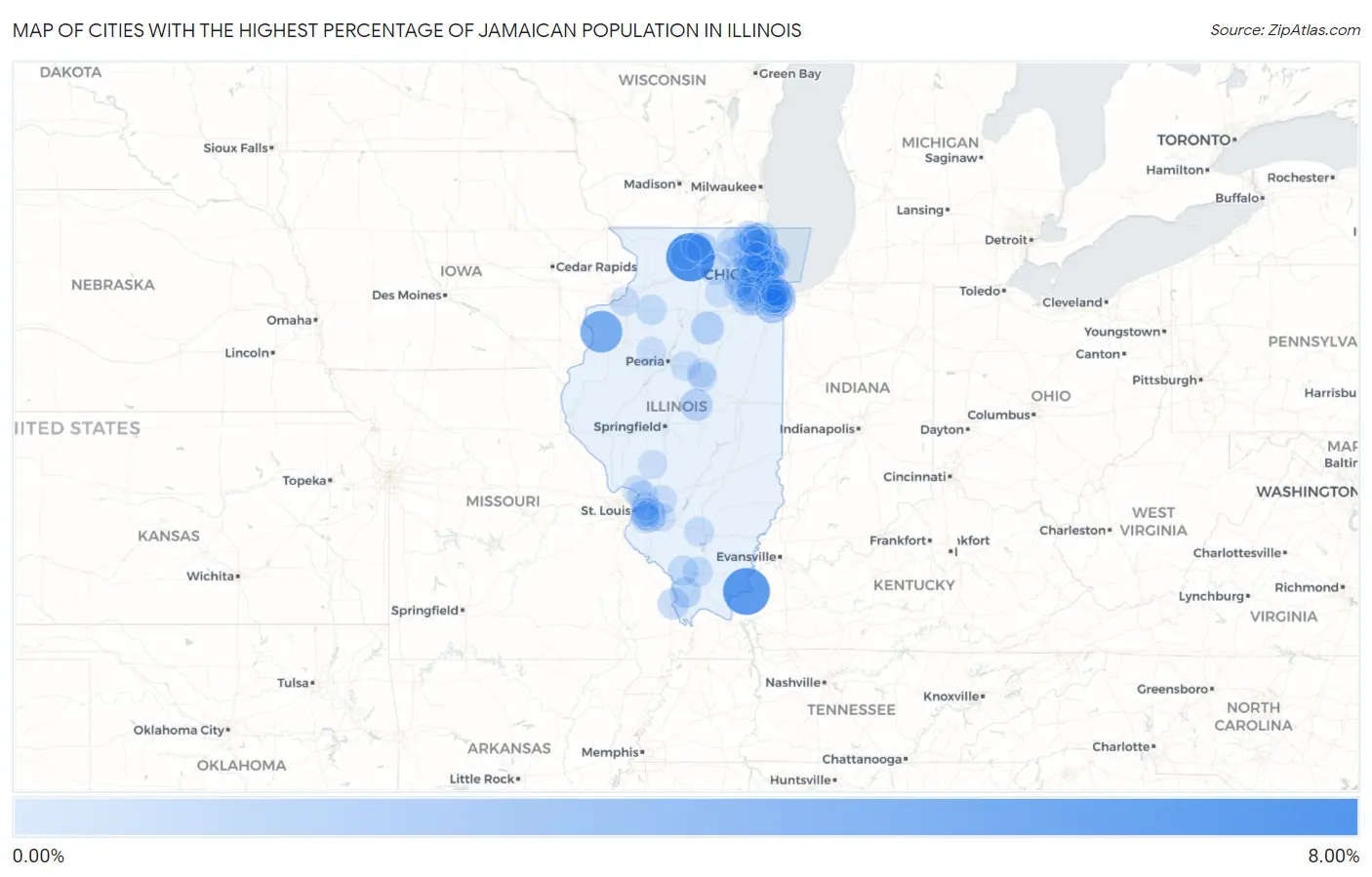 Cities with the Highest Percentage of Jamaican Population in Illinois Map