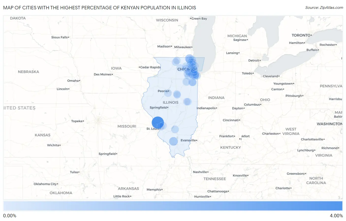 Cities with the Highest Percentage of Kenyan Population in Illinois Map