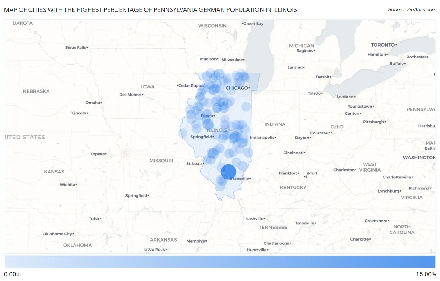 Cities with the Highest Percentage of Pennsylvania German Population in Illinois Map