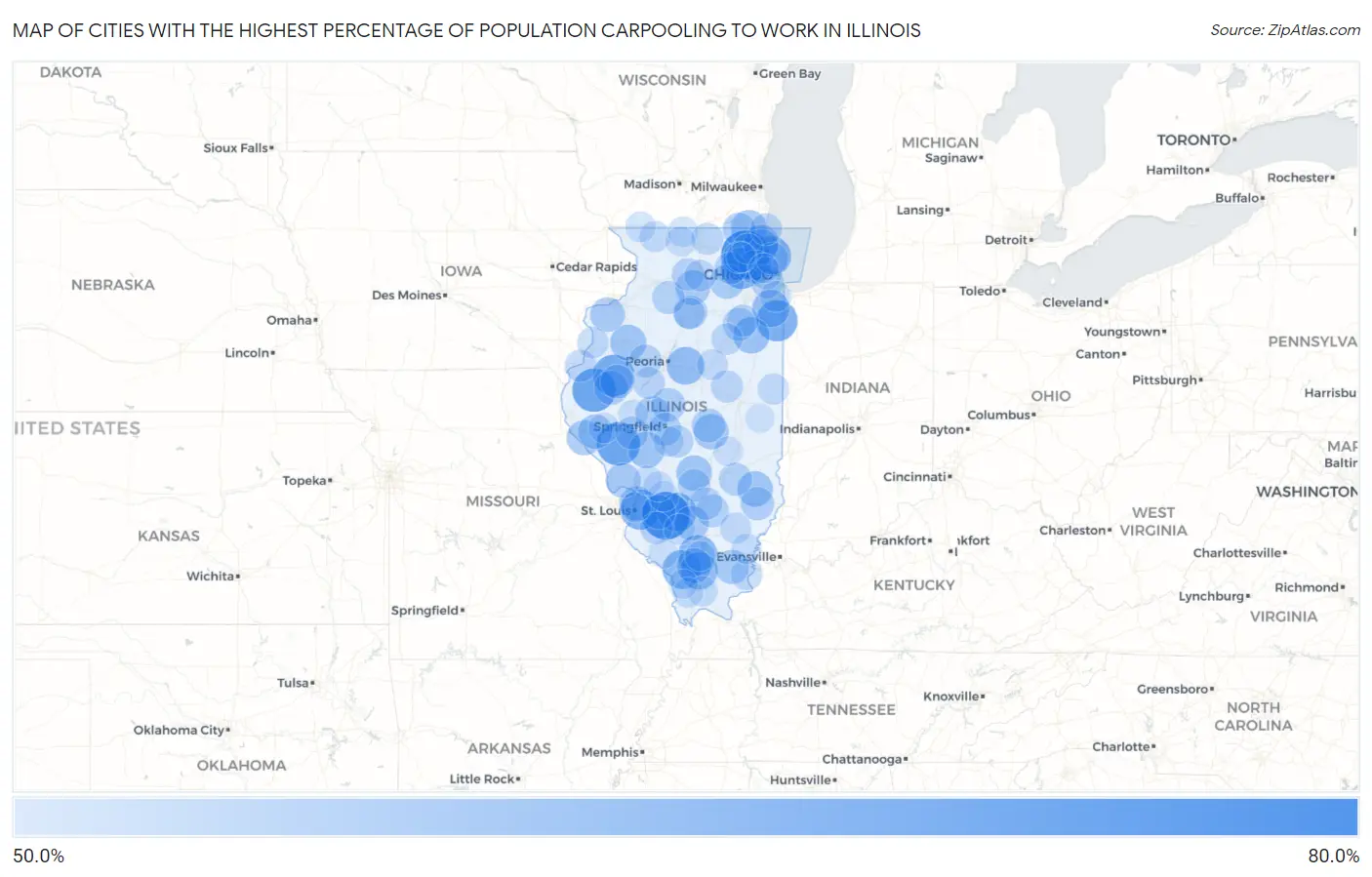 Cities with the Highest Percentage of Population Carpooling to Work in Illinois Map