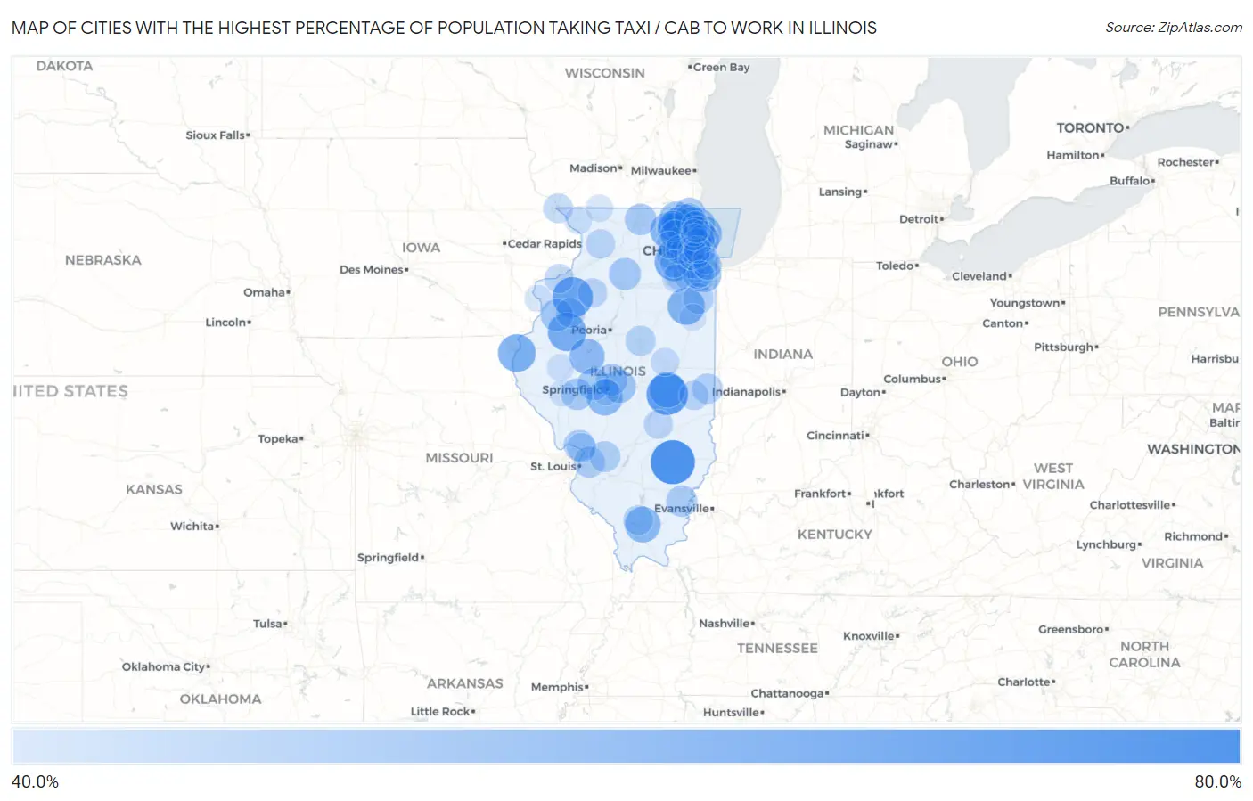 Cities with the Highest Percentage of Population Taking Taxi / Cab to Work in Illinois Map