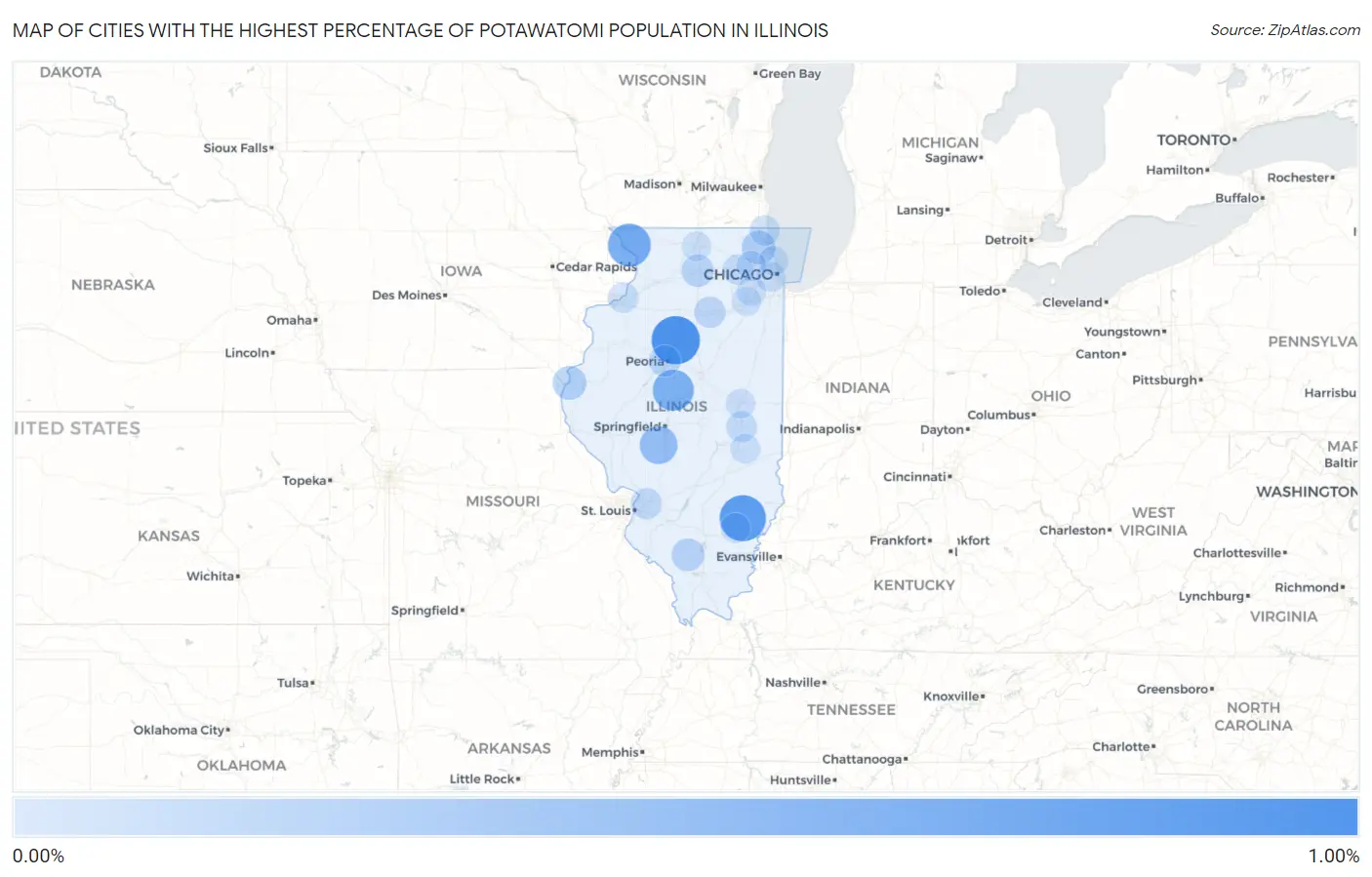 Cities with the Highest Percentage of Potawatomi Population in Illinois Map