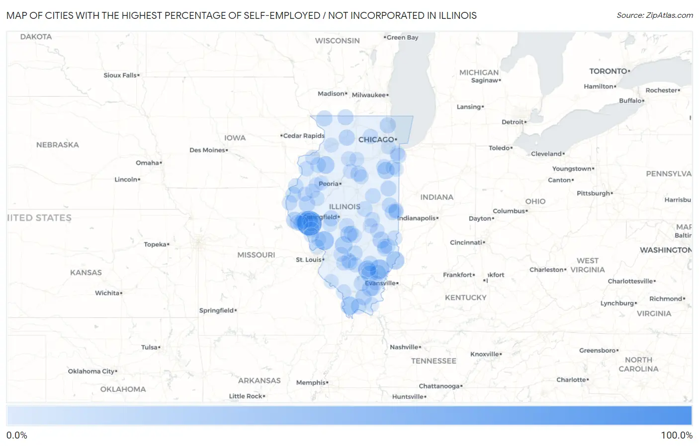 Cities with the Highest Percentage of Self-Employed / Not Incorporated in Illinois Map