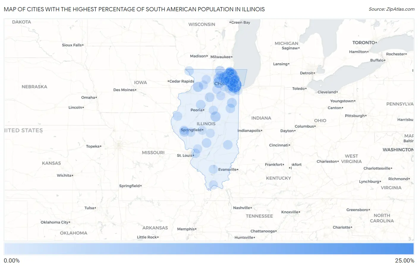 Cities with the Highest Percentage of South American Population in Illinois Map