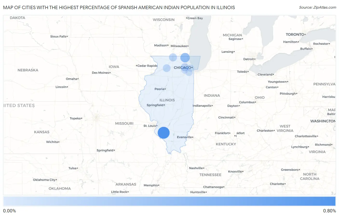 Cities with the Highest Percentage of Spanish American Indian Population in Illinois Map