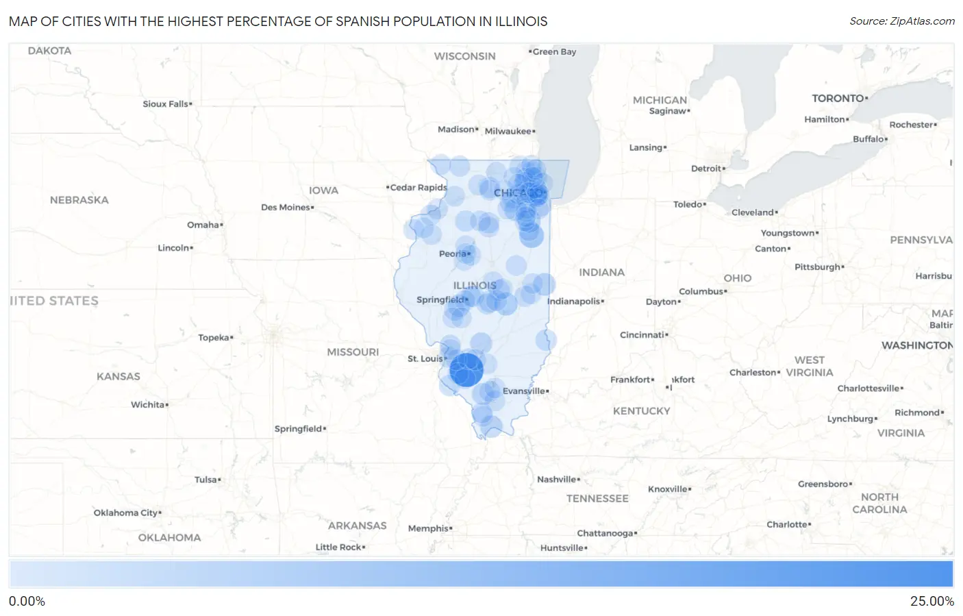 Cities with the Highest Percentage of Spanish Population in Illinois Map