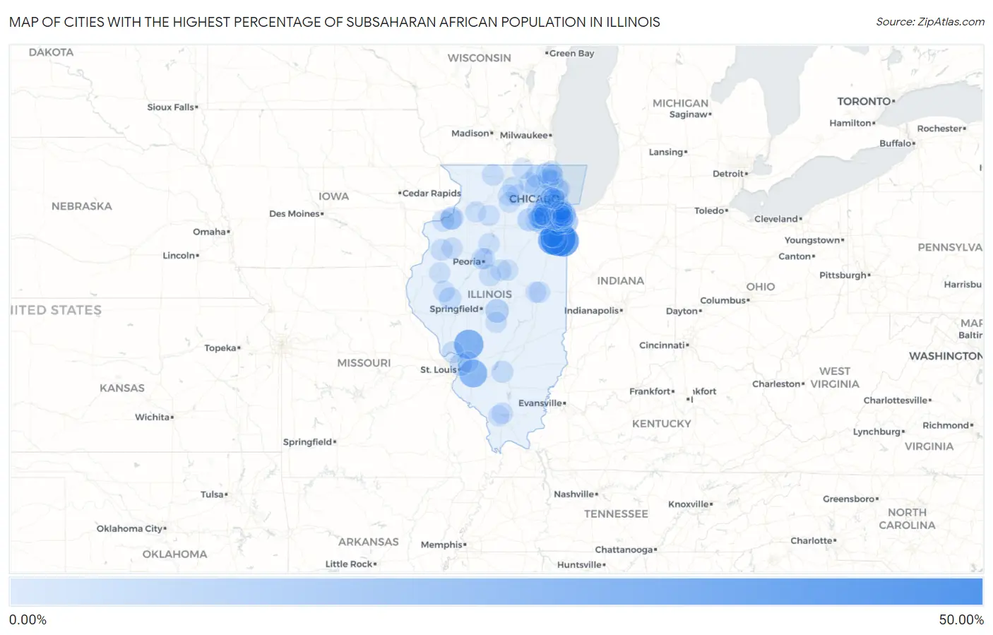 Cities with the Highest Percentage of Subsaharan African Population in Illinois Map