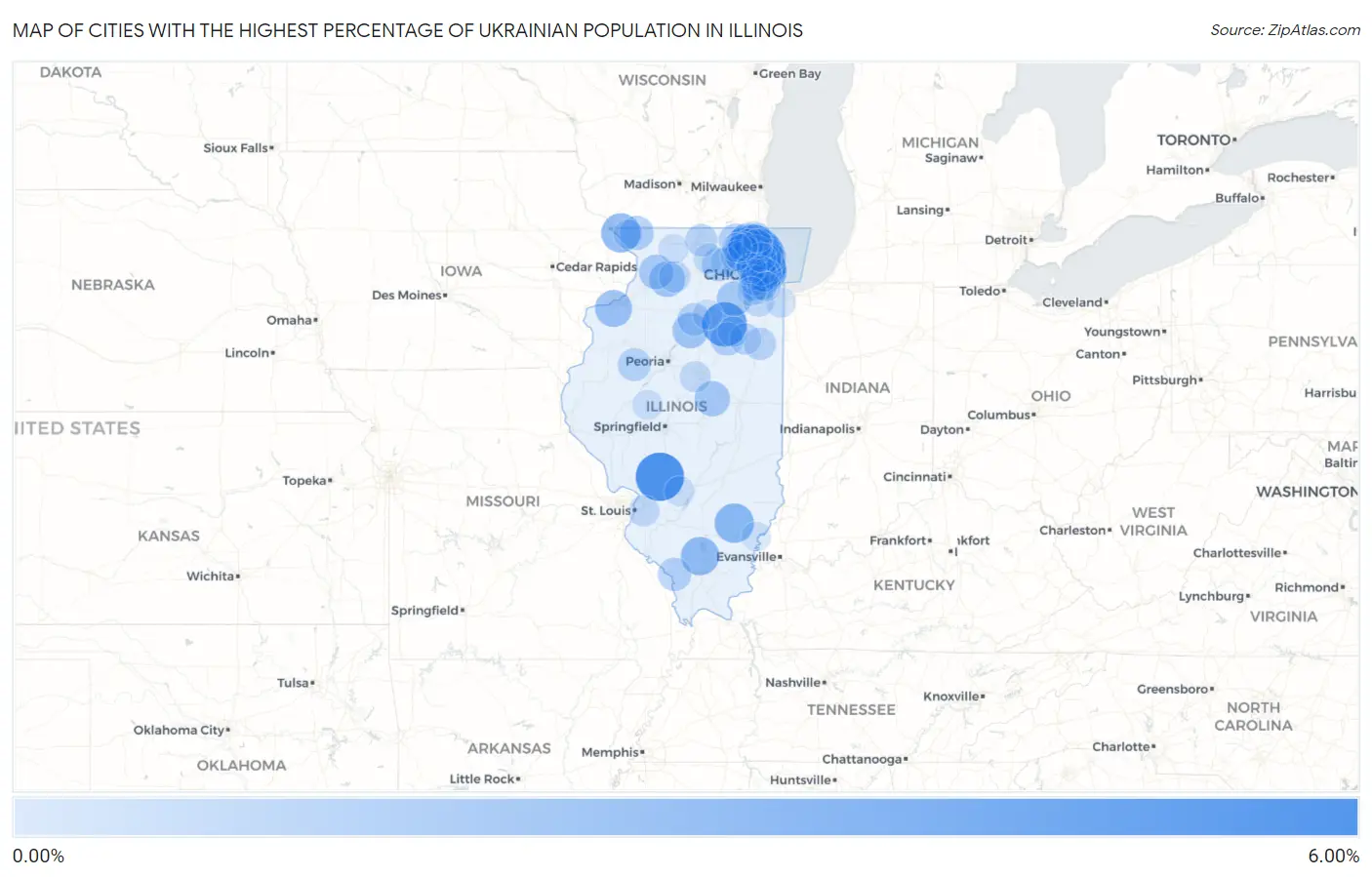 Cities with the Highest Percentage of Ukrainian Population in Illinois Map