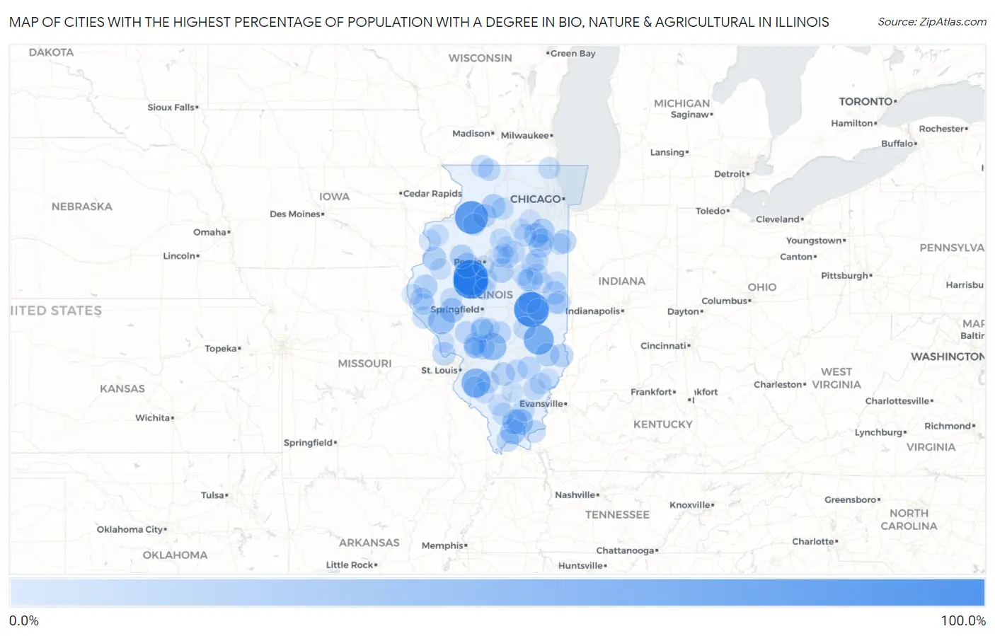 Cities with the Highest Percentage of Population with a Degree in Bio, Nature & Agricultural in Illinois Map