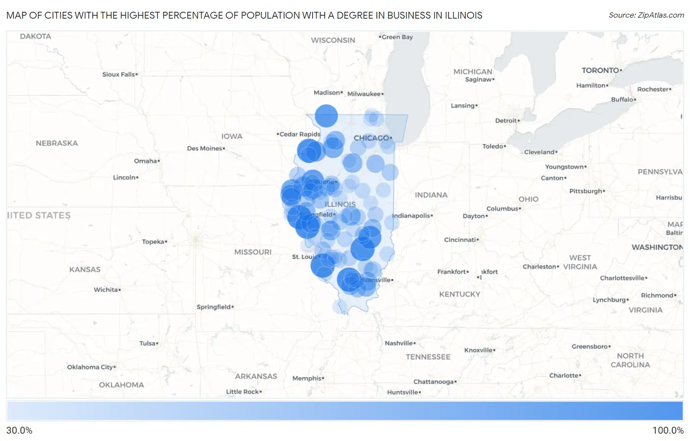 Cities with the Highest Percentage of Population with a Degree in Business in Illinois Map