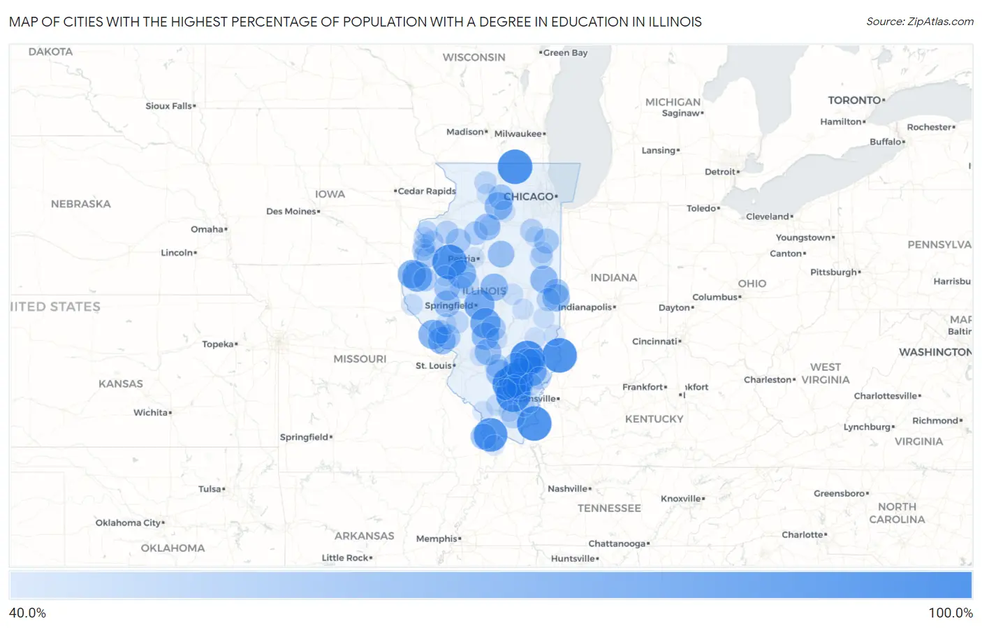 Cities with the Highest Percentage of Population with a Degree in Education in Illinois Map