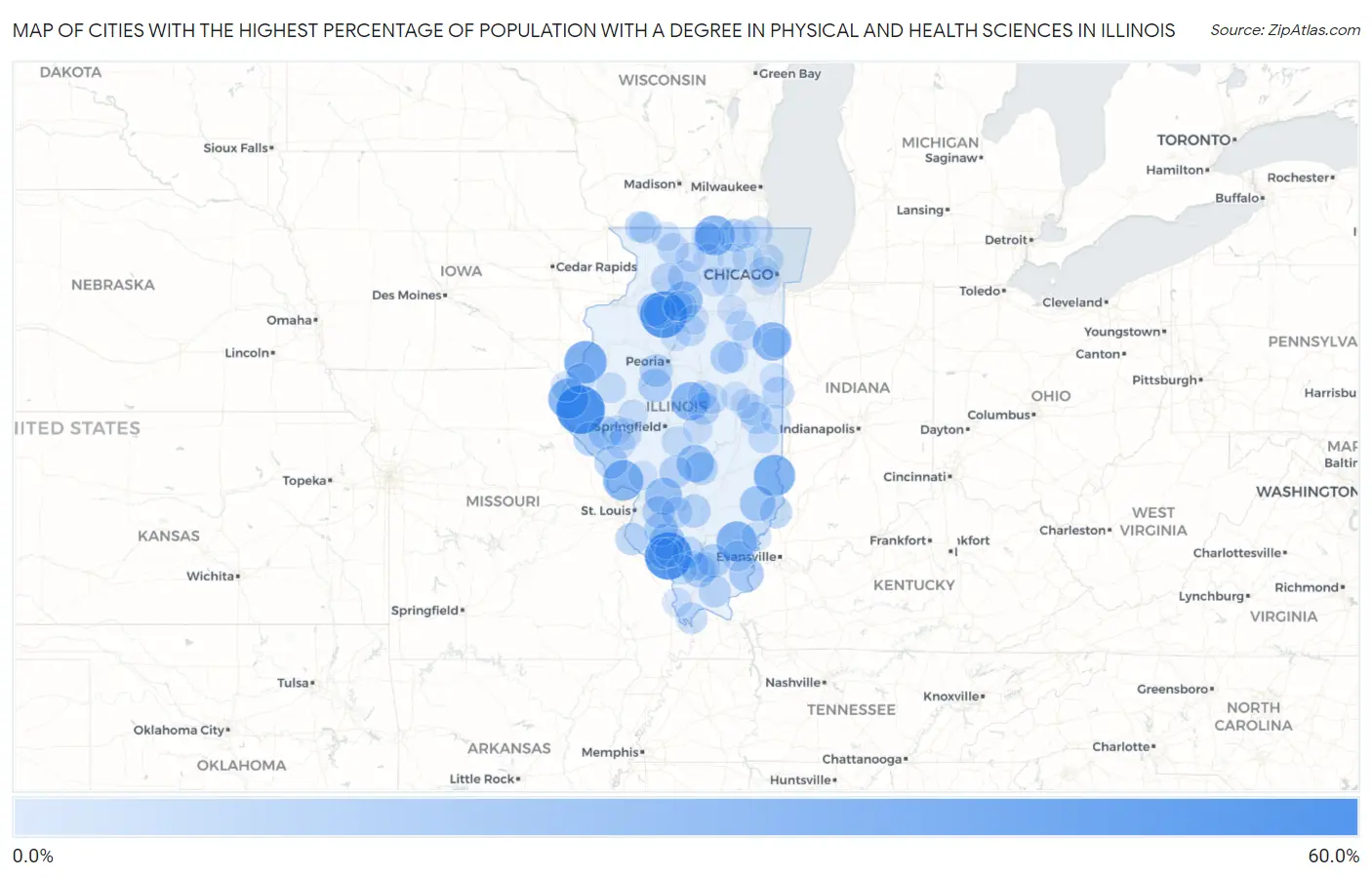 Cities with the Highest Percentage of Population with a Degree in Physical and Health Sciences in Illinois Map