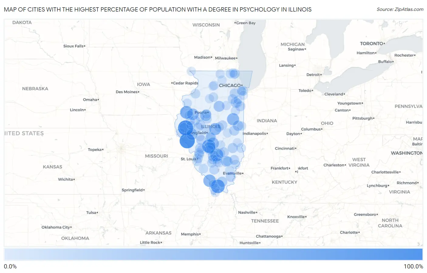Cities with the Highest Percentage of Population with a Degree in Psychology in Illinois Map