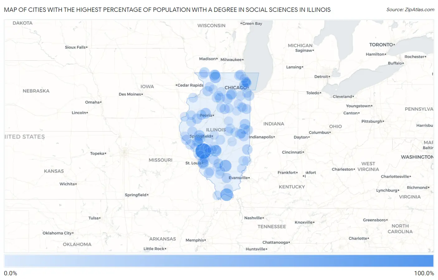 Cities with the Highest Percentage of Population with a Degree in Social Sciences in Illinois Map