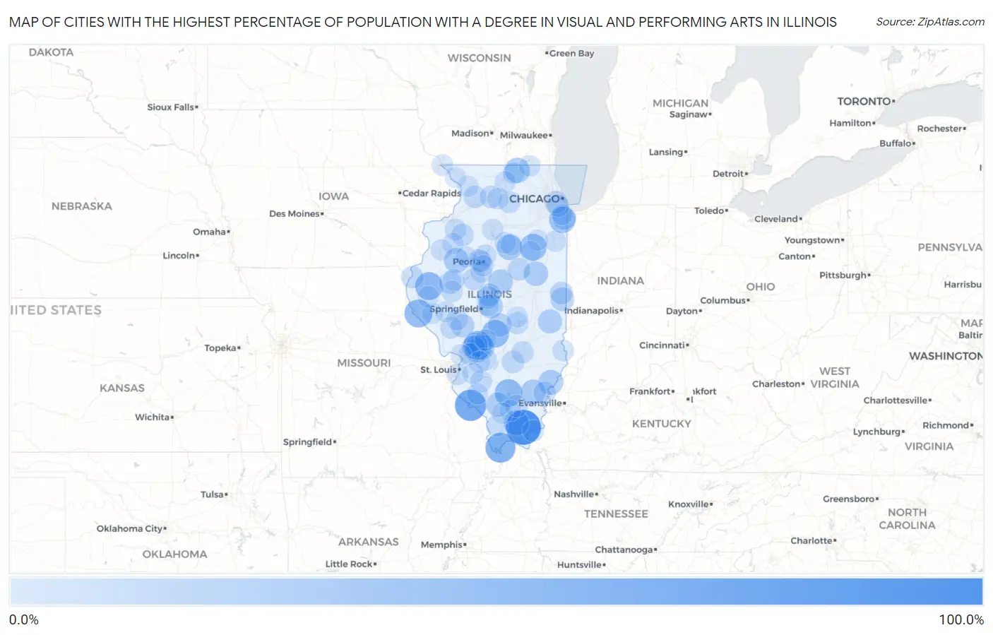 Cities with the Highest Percentage of Population with a Degree in Visual and Performing Arts in Illinois Map
