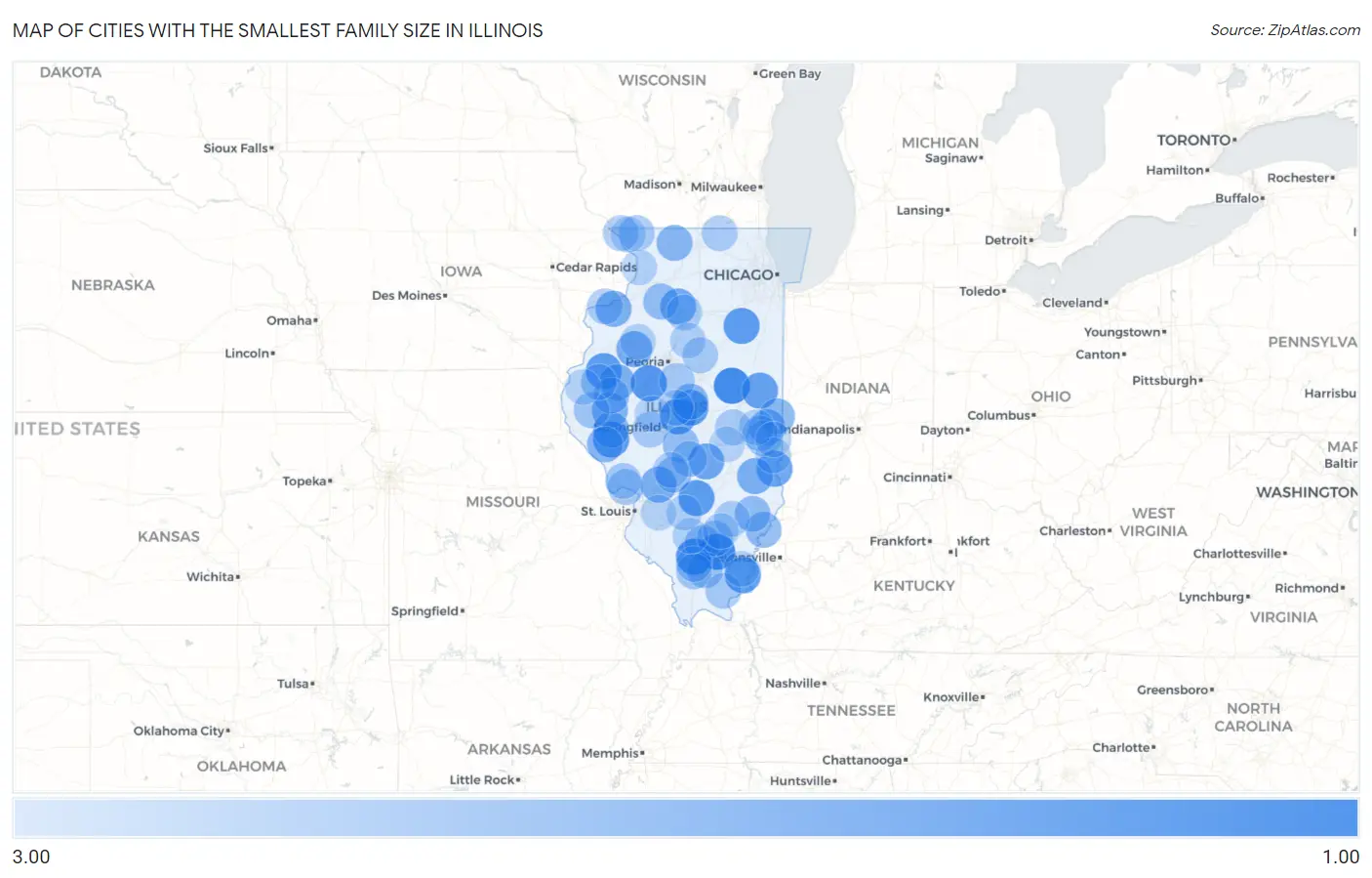 Cities with the Smallest Family Size in Illinois Map