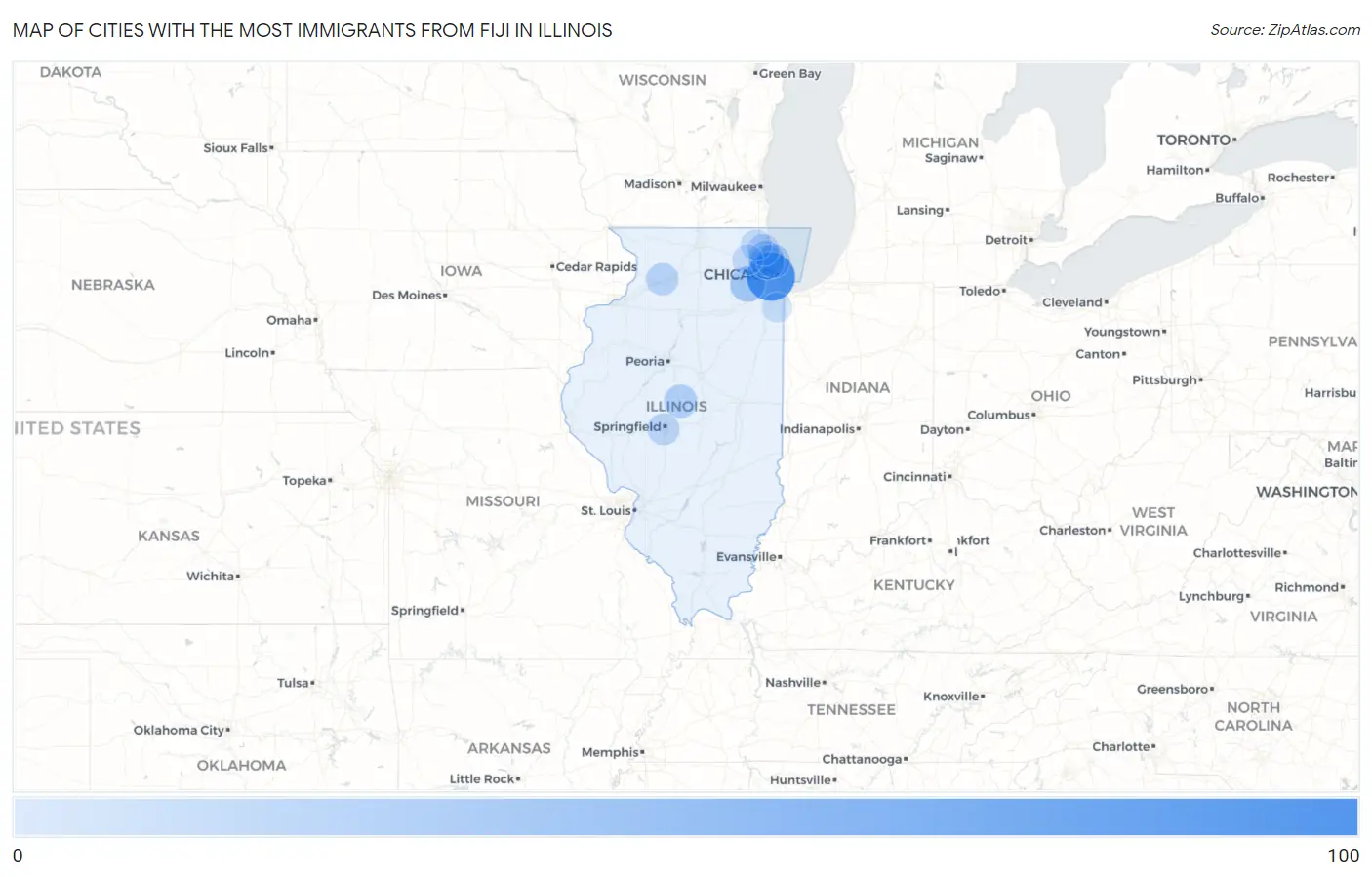 Cities with the Most Immigrants from Fiji in Illinois Map