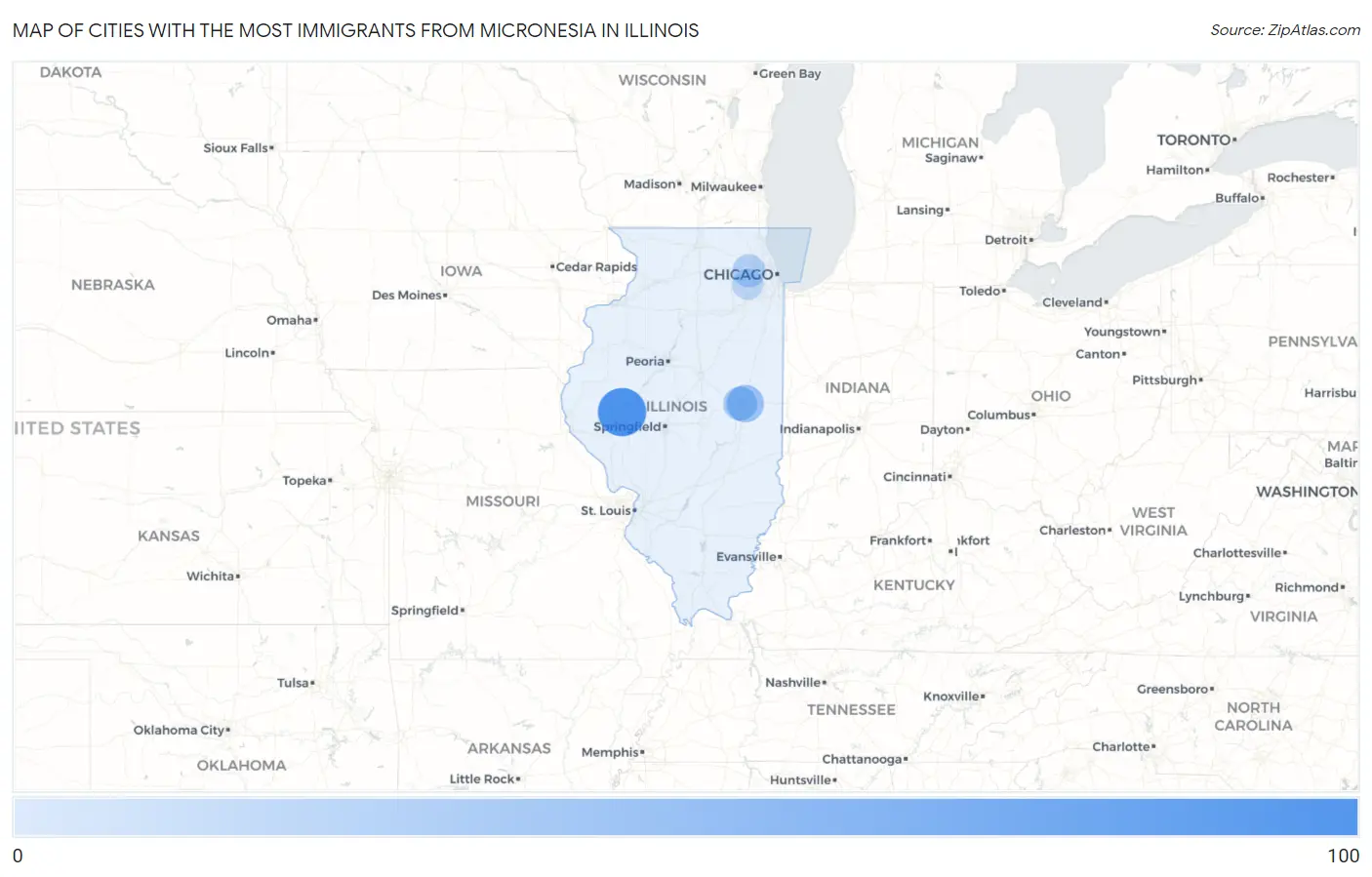 Cities with the Most Immigrants from Micronesia in Illinois Map