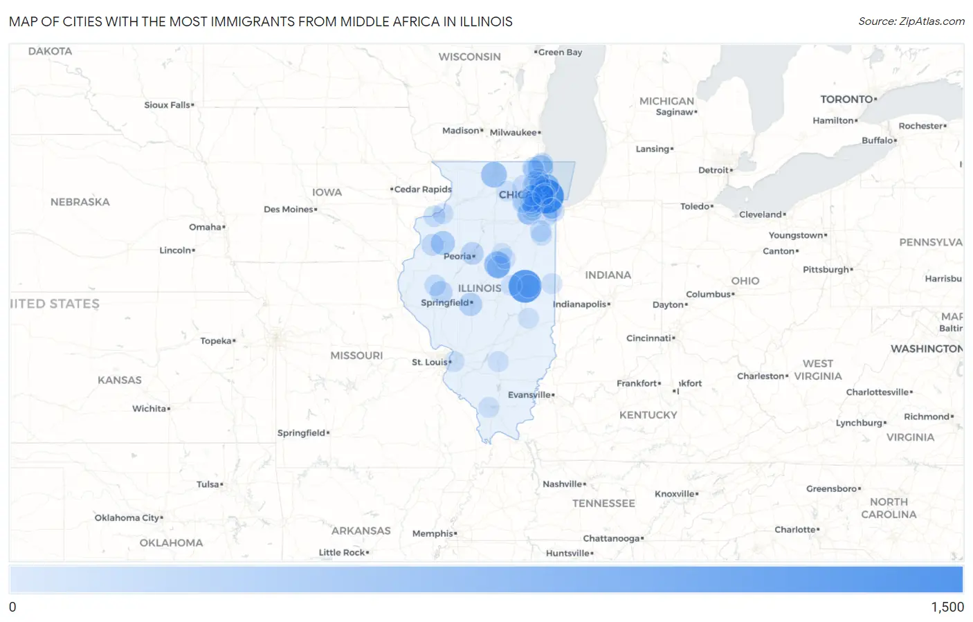 Cities with the Most Immigrants from Middle Africa in Illinois Map