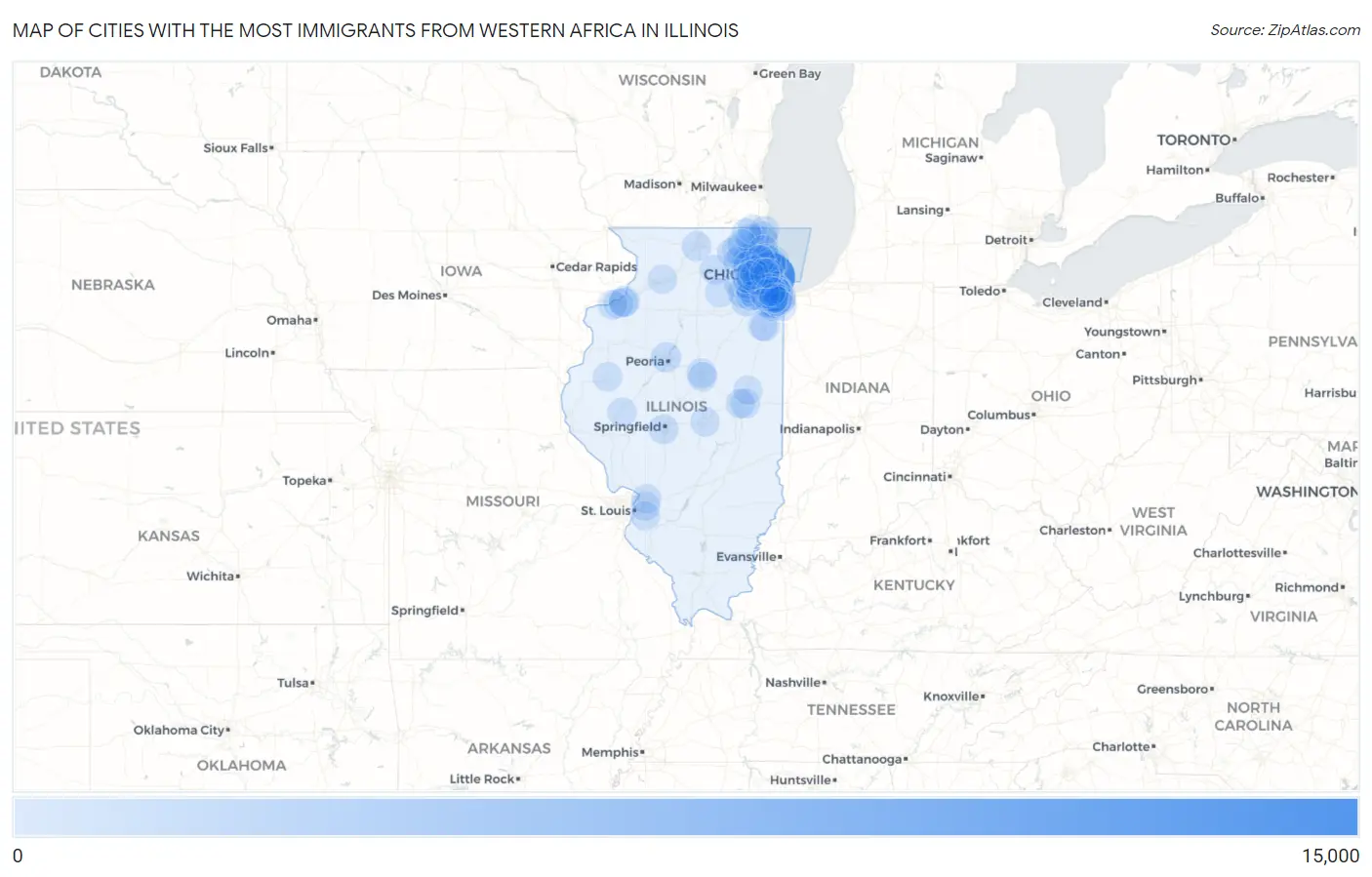 Cities with the Most Immigrants from Western Africa in Illinois Map