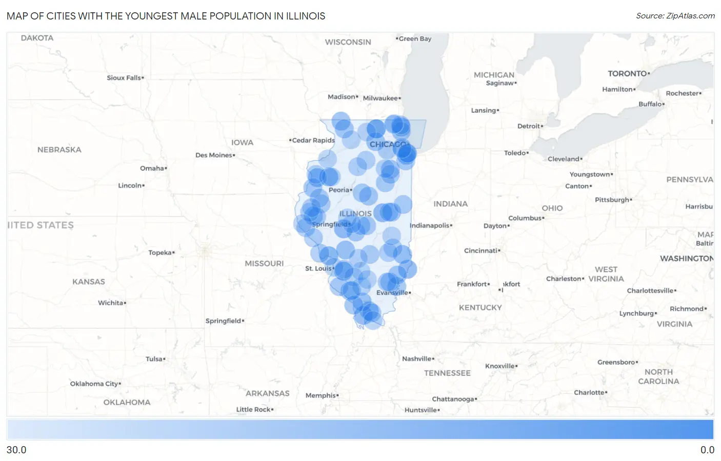 Cities with the Youngest Male Population in Illinois Map