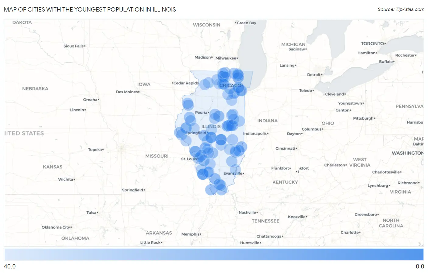 Cities with the Youngest Population in Illinois Map