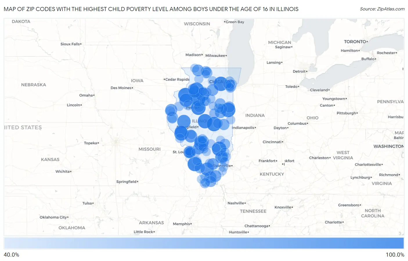 Zip Codes with the Highest Child Poverty Level Among Boys Under the Age of 16 in Illinois Map