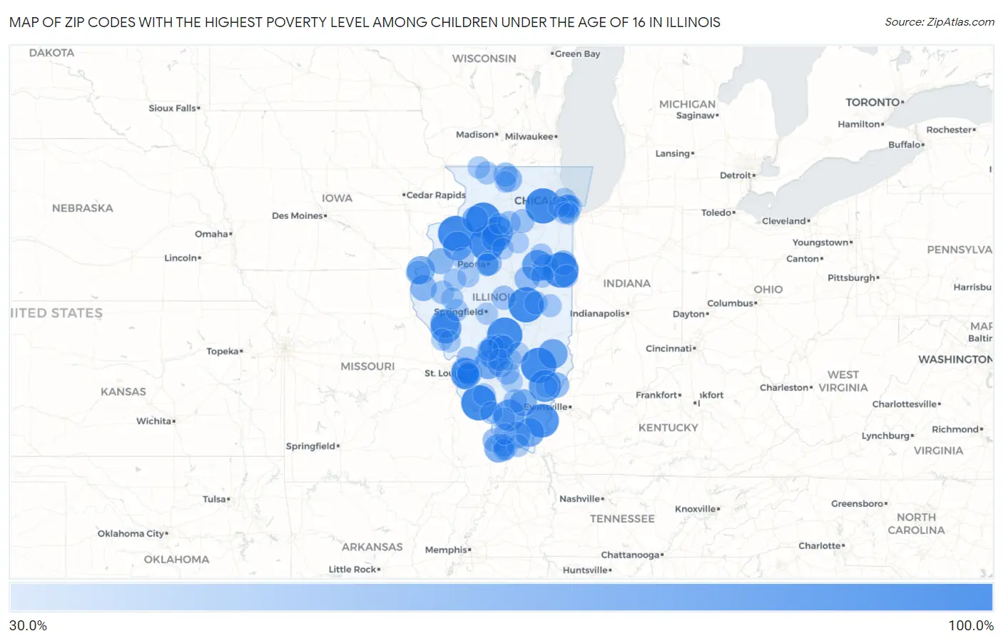 Zip Codes with the Highest Poverty Level Among Children Under the Age of 16 in Illinois Map