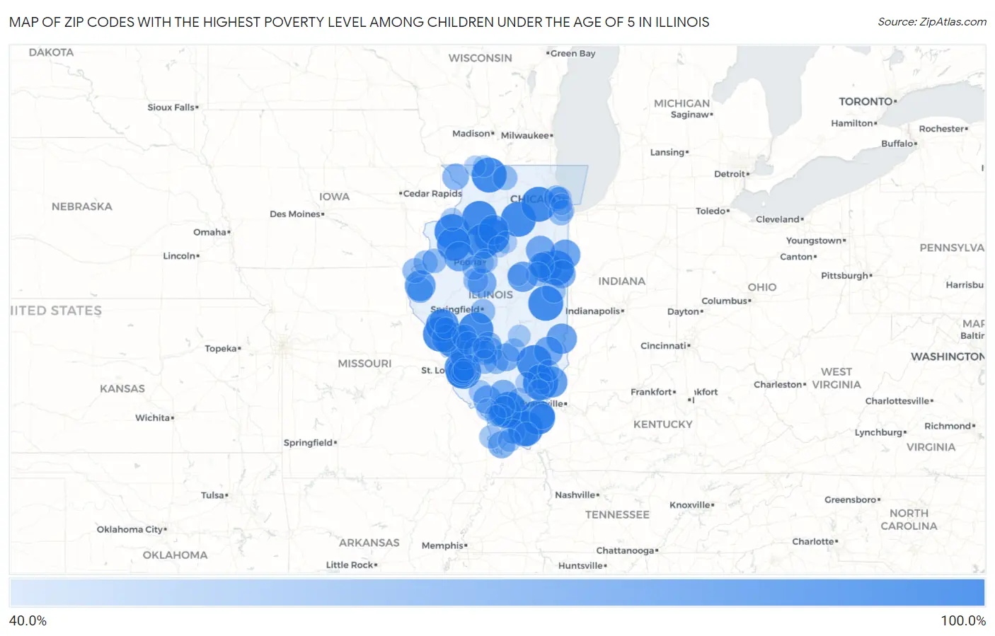 Zip Codes with the Highest Poverty Level Among Children Under the Age of 5 in Illinois Map