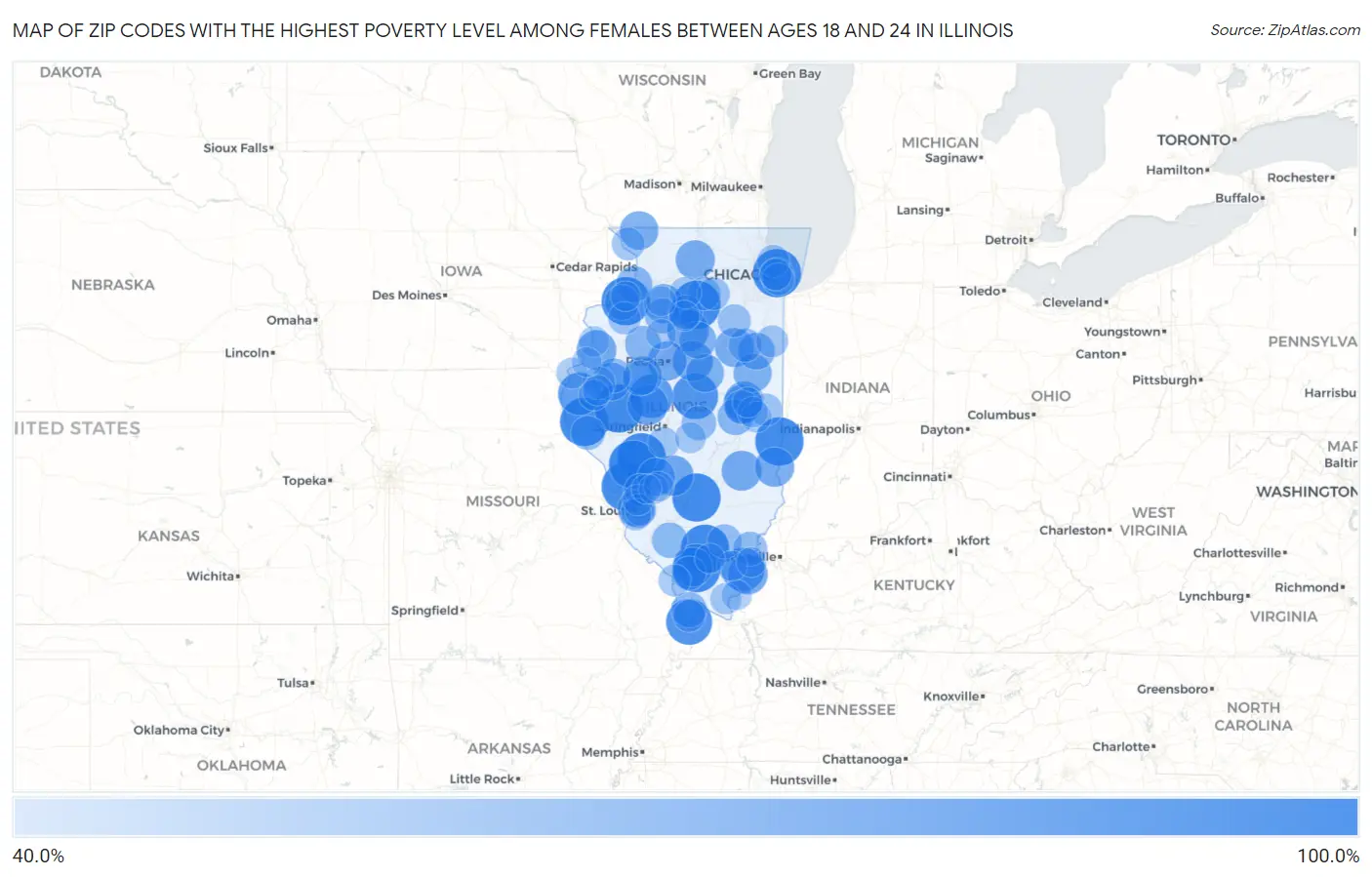 Zip Codes with the Highest Poverty Level Among Females Between Ages 18 and 24 in Illinois Map