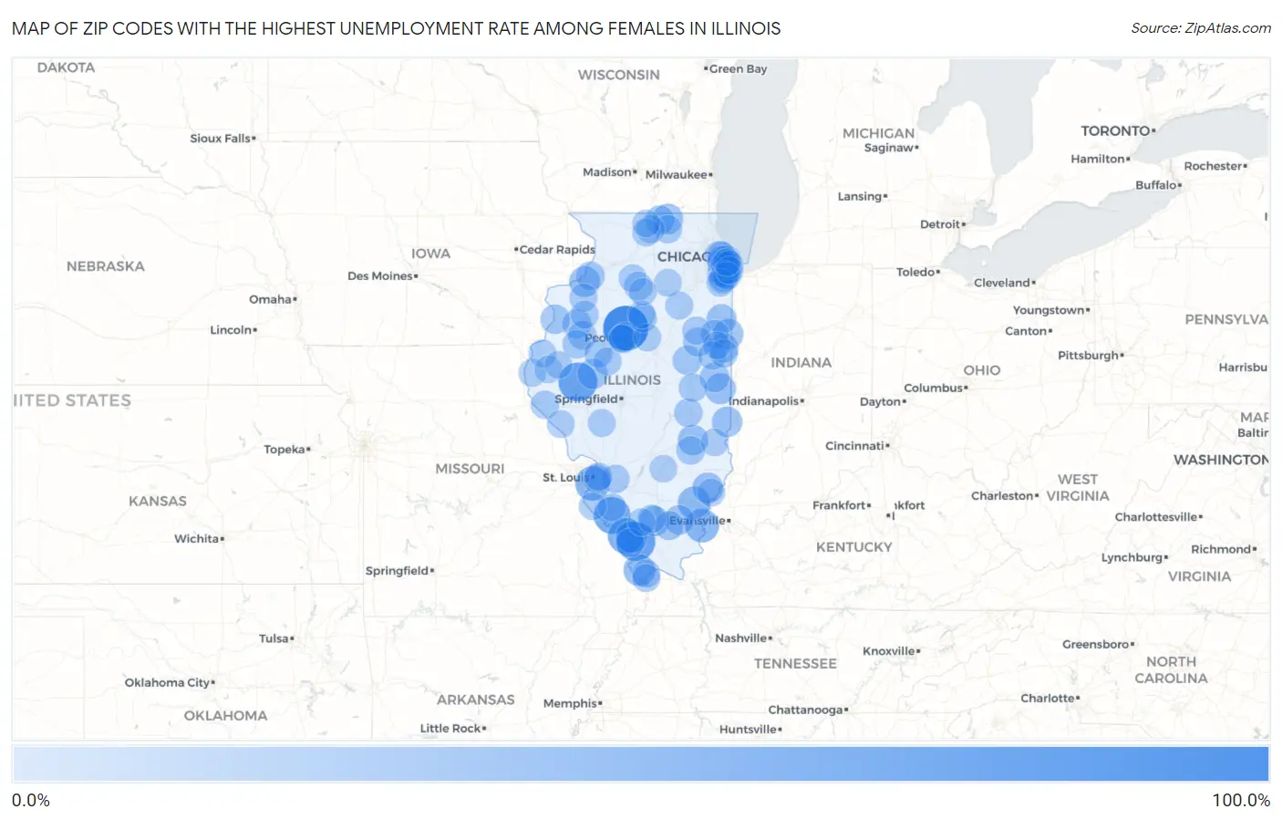 Zip Codes with the Highest Unemployment Rate Among Females in Illinois Map