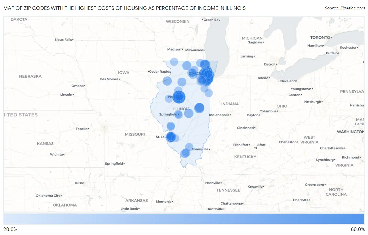 Zip Codes with the Highest Costs of Housing as Percentage of Income in Illinois Map
