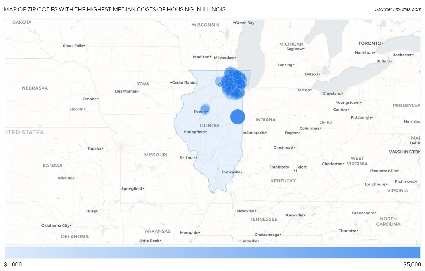 Zip Codes with the Highest Median Costs of Housing in Illinois Map