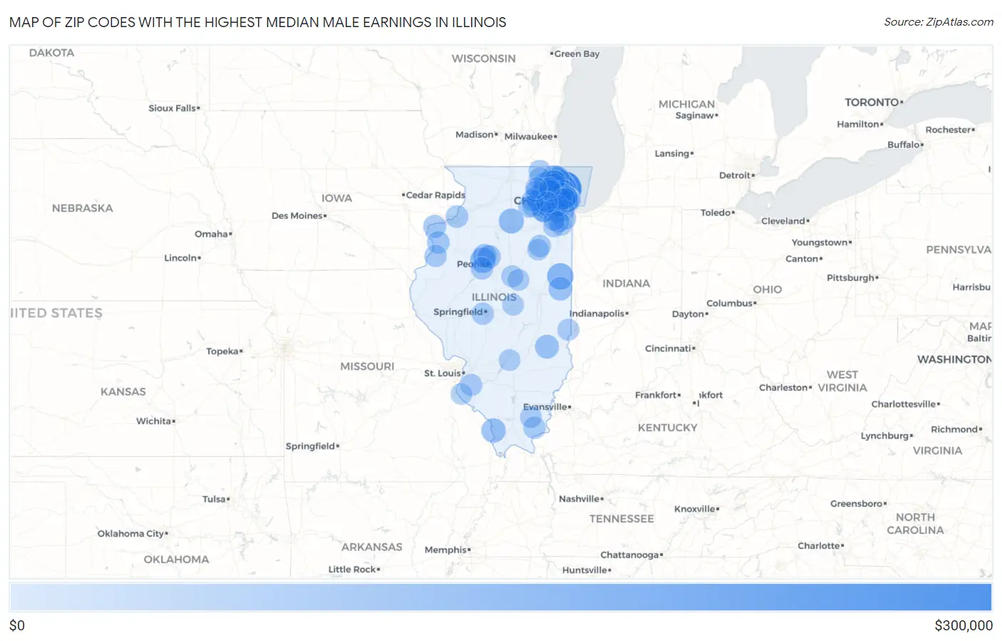 Zip Codes with the Highest Median Male Earnings in Illinois Map