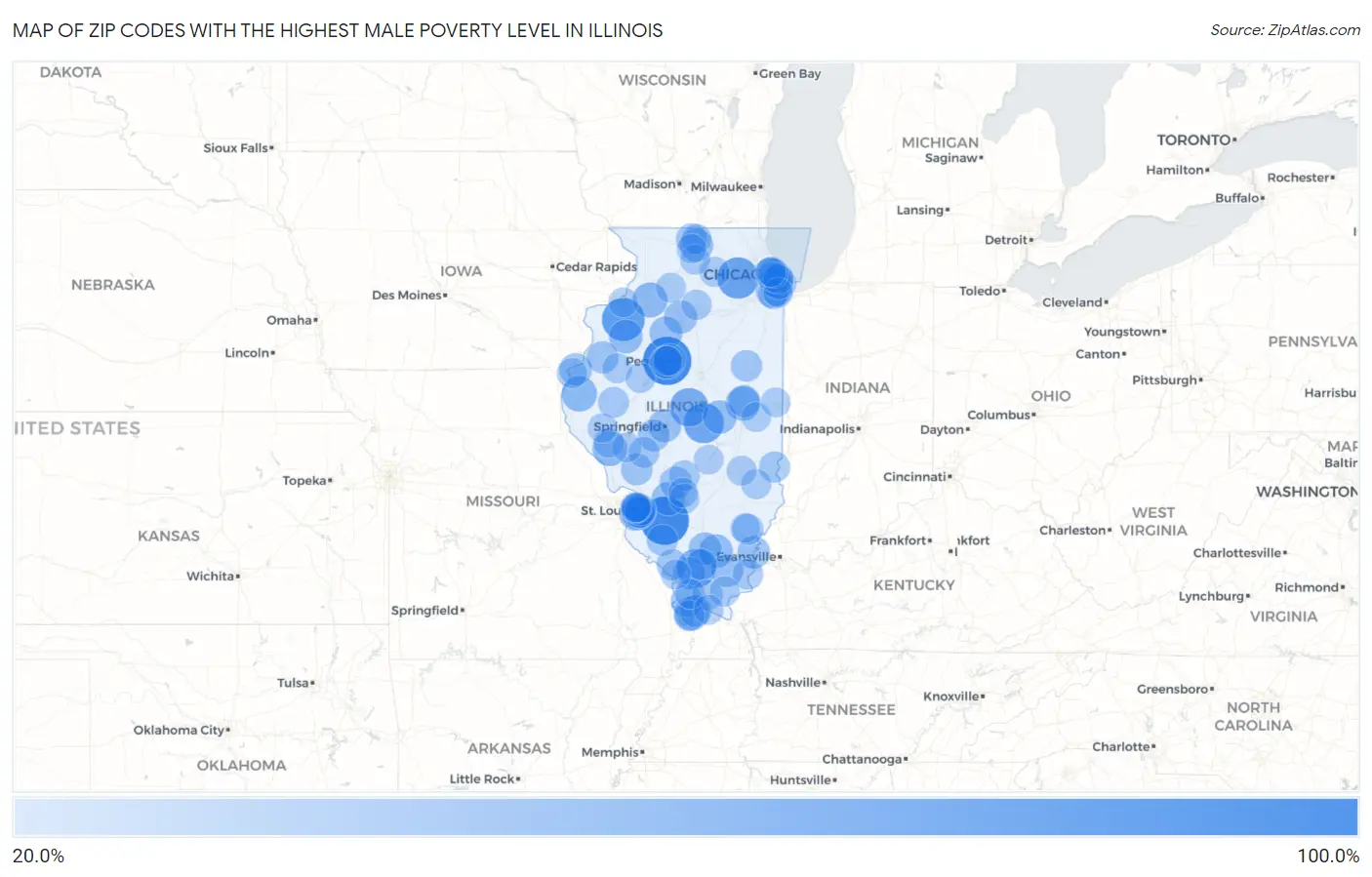 Zip Codes with the Highest Male Poverty Level in Illinois Map