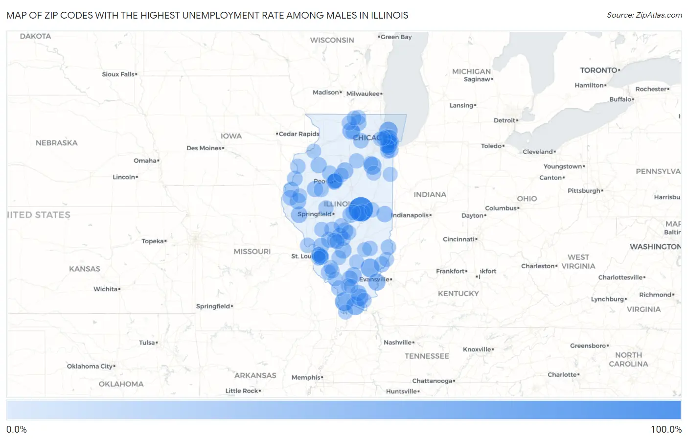 Zip Codes with the Highest Unemployment Rate Among Males in Illinois Map