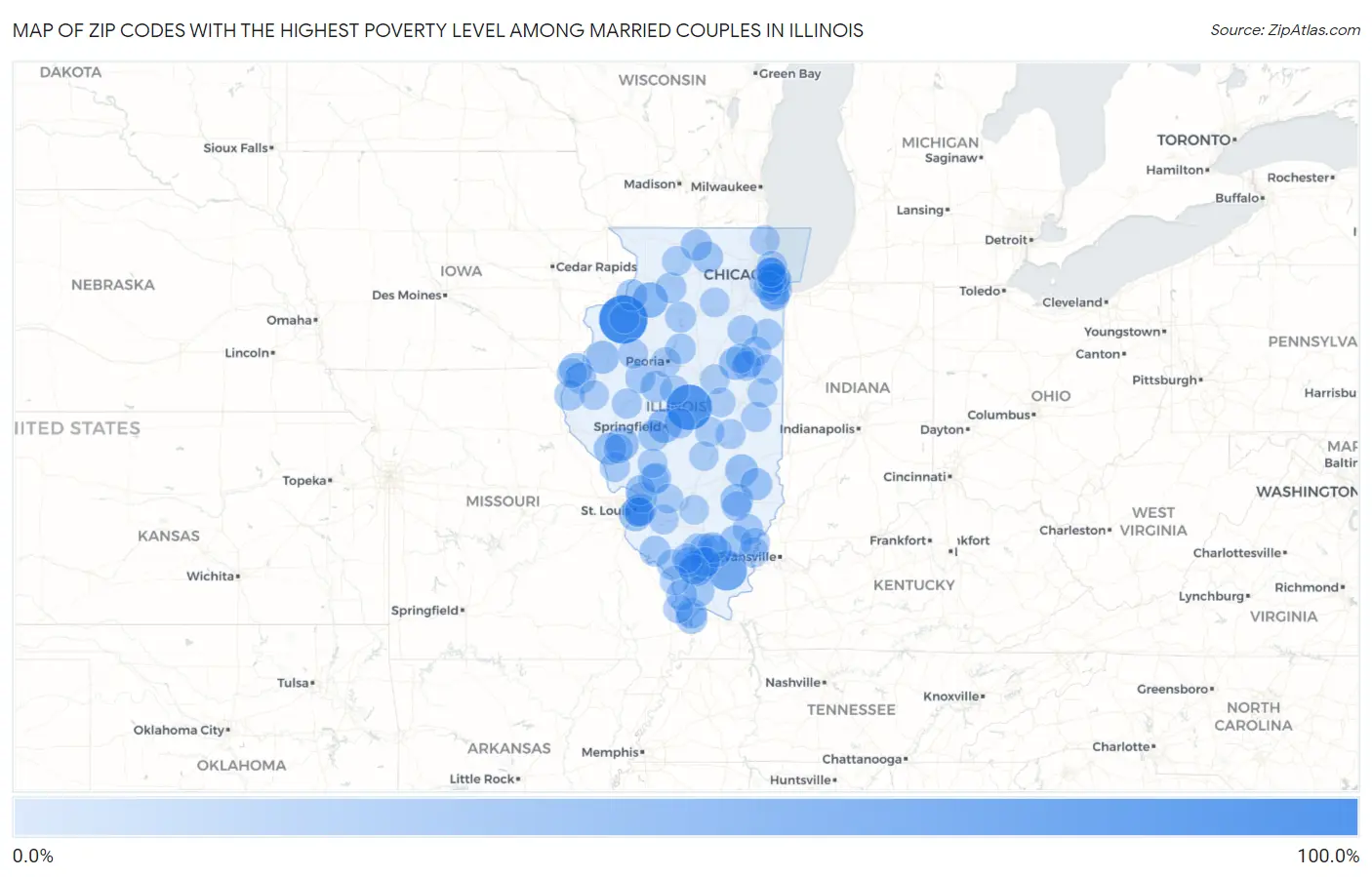 Zip Codes with the Highest Poverty Level Among Married Couples in Illinois Map