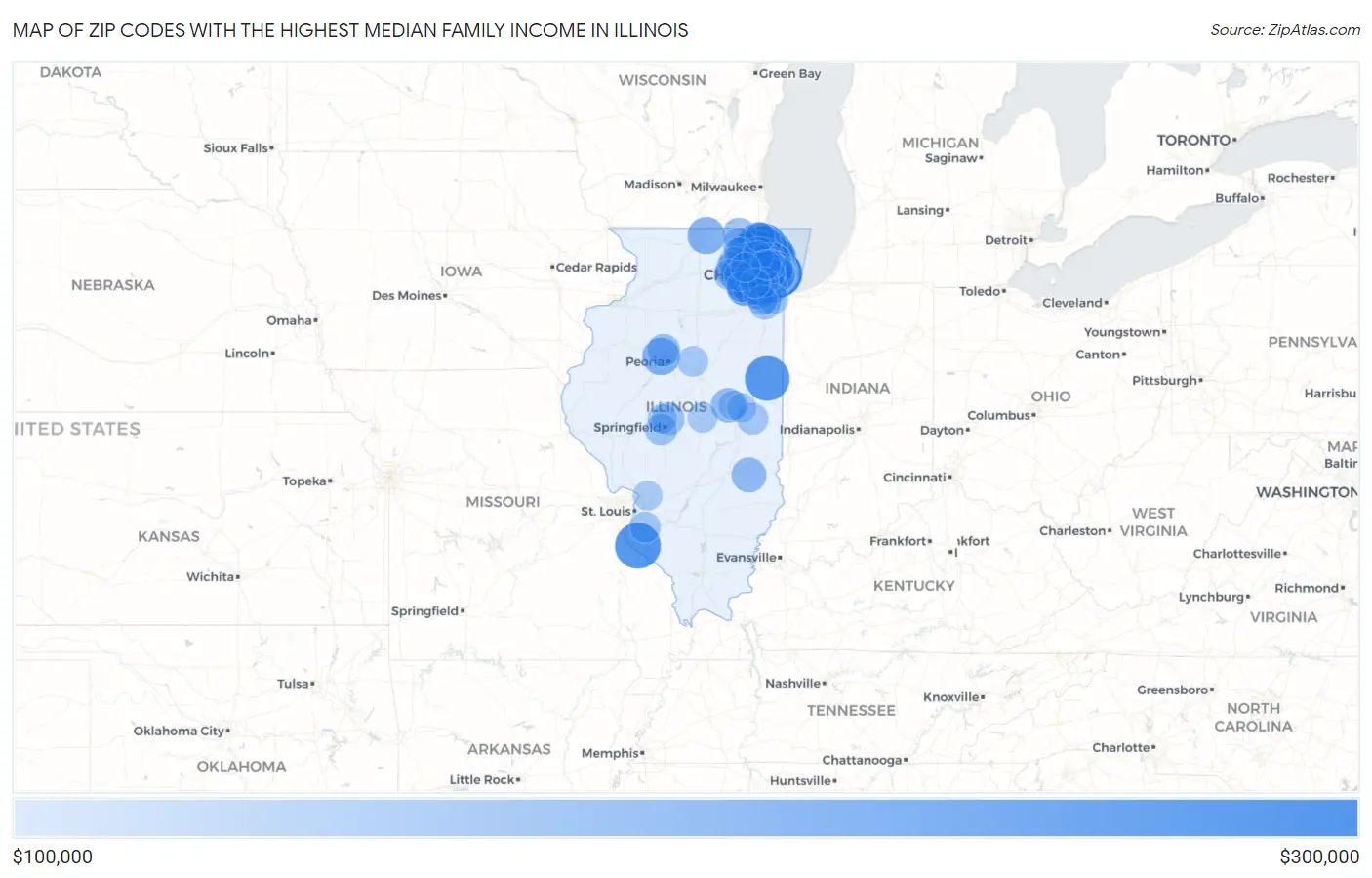 Zip Codes with the Highest Median Family Income in Illinois Map